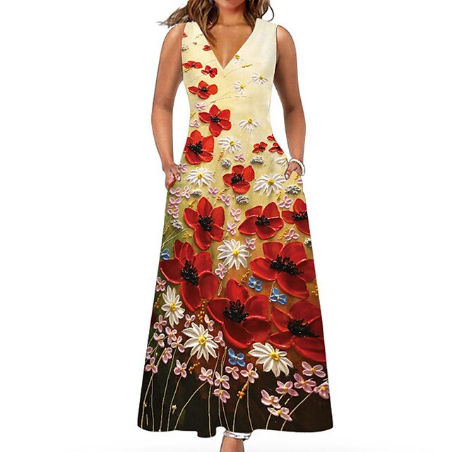 

Women's A Line Dress Maxi long Dress Green White Black Pink Yellow Beige Sleeveless Floral Pocket Print Spring Summer V Neck Elegant Vacation 2022 S M L XL XXL 3XL 4XL