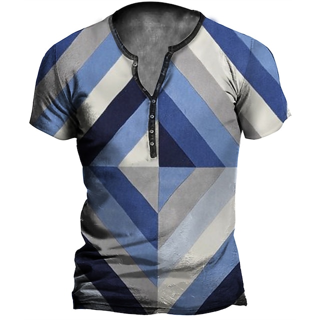 

Men's Henley Shirt T shirt 3D Print Striped Graphic Henley Casual Daily Button-Down Print Short Sleeve Tops Casual Vintage Classic Designer Blue