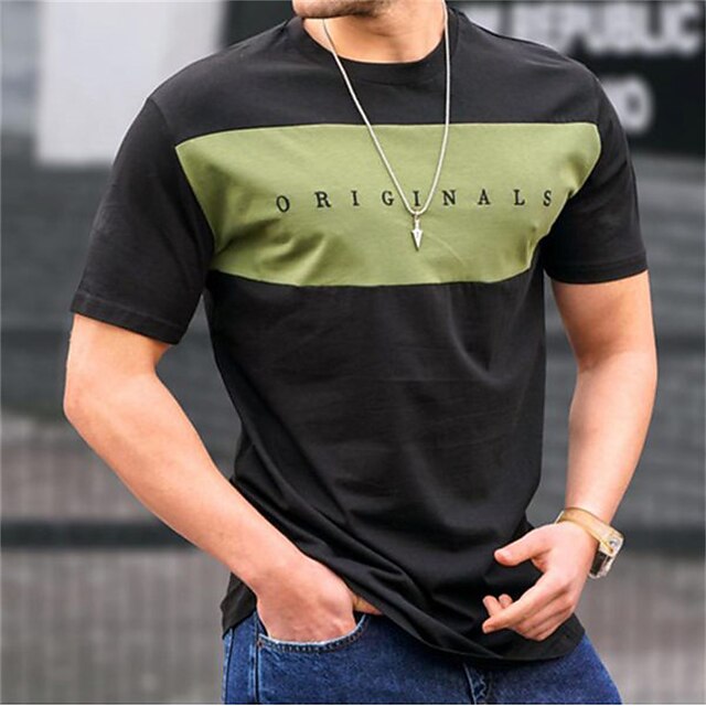 

Men's T shirt Patchwork Crew Neck Casual Daily Short Sleeve Tops Lightweight Fashion Big and Tall Sports Black