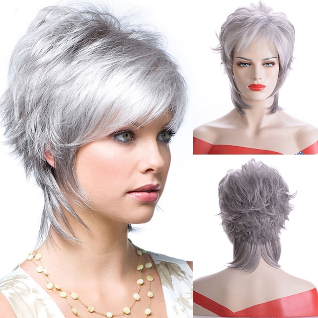 Synthetic Wig Straight With Bangs Machine Made Wig Short Silver grey Synthetic Hair Women's Soft Party Easy to Carry Silver Gray / Daily Wear / Party / Evening / Daily