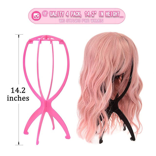  4 Pack Wig Stands for Multiple Wigs, 14inch Portable Collapsible Durable Wig Holder Wig Dryer and Wig Display Tool for Women (2 Black And 2 Pink)