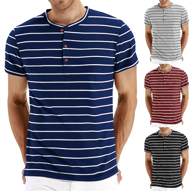 

Men's T shirt Striped Round Neck Casual Daily Short Sleeve Tops Lightweight Fashion Big and Tall Sports Wine Black Gray