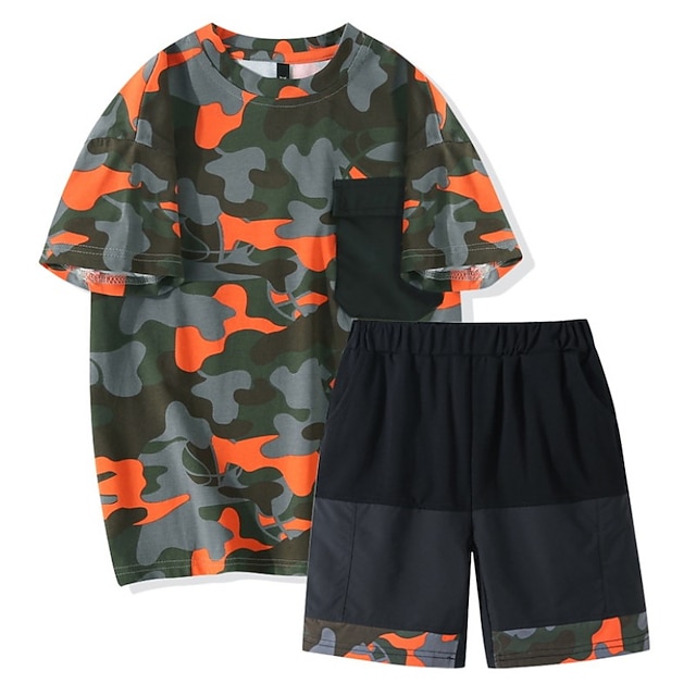 

Kids Boys T-shirt Shorts Clothing Set 3 Pieces Short Sleeve Black Army Green Orange Camo Cotton Vacation Outdoor Casual Daily Regular 4-12 Years / Spring / Summer
