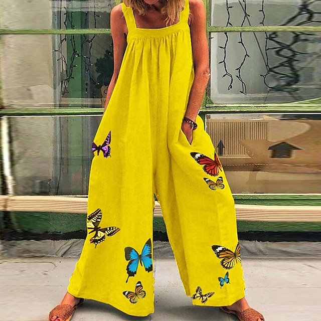 

Women's Jumpsuit Pocket Print Floral Square Neck Casual Daily Street Casual Regular Fit Sleeveless Blue Wine Orange S M L Spring