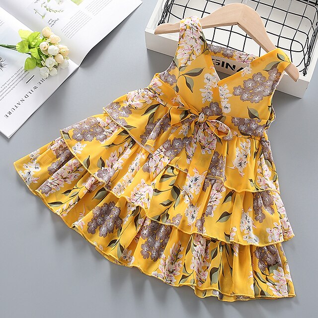 

Toddler Little Girls' Dress Leaves Chiffon Dress Daily Green Yellow Knee-length Sleeveless Princess Beautiful Dresses Children's Day Summer Loose 1-5 Years