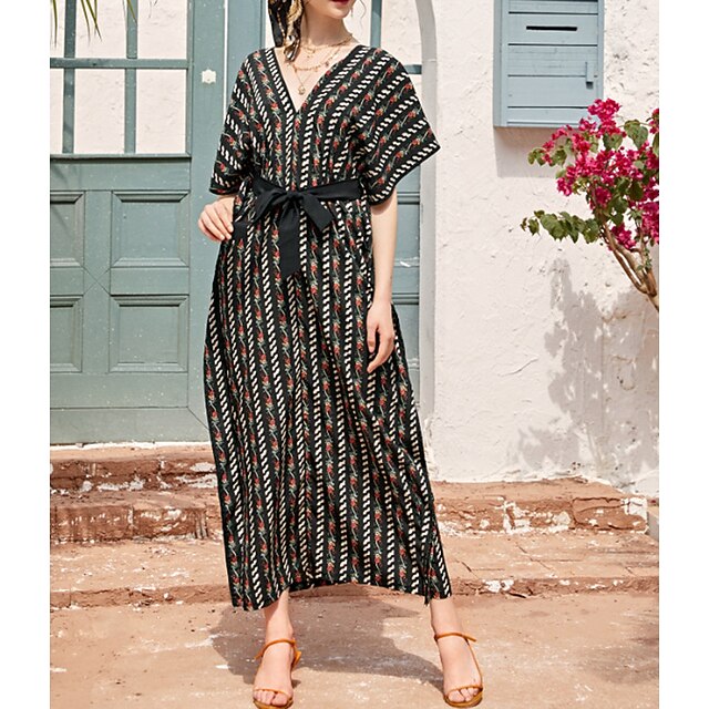 

Women's Black Dress Maxi long Dress Black and white stripes Short Sleeve Floral Striped Print Backless With Belt Print Spring Summer V Neck Elegant Luxurious Elegant Casual 2022 S M L XL