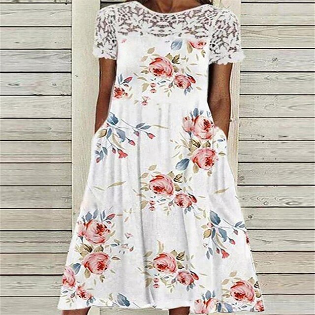 

Women's A Line Dress Midi Dress White Short Sleeve Floral Pocket Patchwork Print Spring Summer Crew Neck Casual Boho 2022 M L XL XXL 3XL / 3D Print