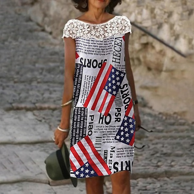 

Women's A Line Dress Knee Length Dress Blue Black Red Beige Short Sleeve Flag Letter Lace Print Spring Summer Round Neck Stylish Casual Modern 2022 S M L XL XXL 3XL