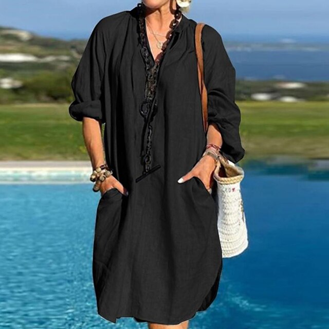 

Women's A Line Dress Knee Length Dress Blue Black Brown Half Sleeve Solid Color Pocket Spring Summer V Neck Casual Modern 2022 S M L XL XXL 3XL 4XL 5XL