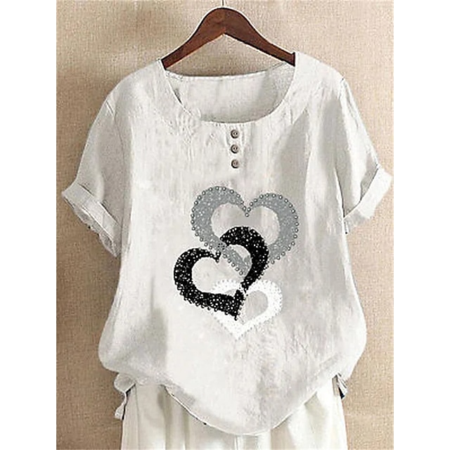 

Women's Plus Size Tops T shirt Heart Print Short Sleeve Crewneck Streetwear Daily Going out Linen Spring Summer White