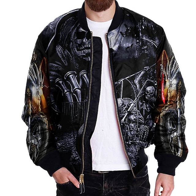 

Men's Jacket Street Daily Going out Fall Spring Regular Coat Regular Fit Breathable Sporty Casual Streetwear Jacket Long Sleeve 3D Print Skull Pocket Print Black