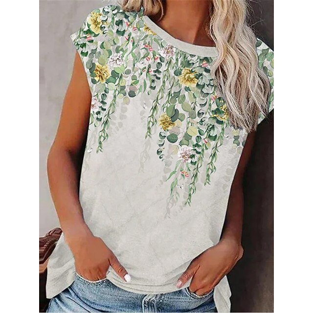 

Women's T shirt Floral Patchwork Print Round Neck Basic Tops Green / 3D Print