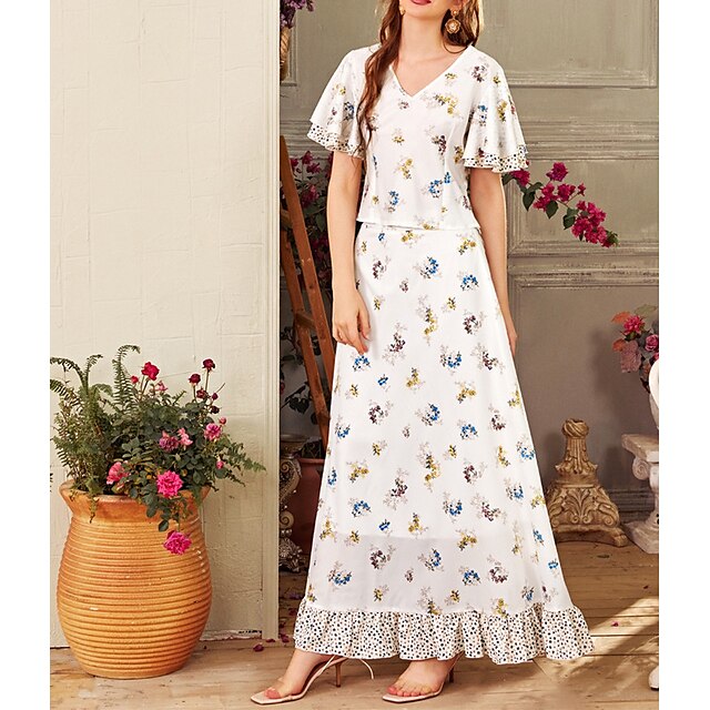 

Women's White Dress Maxi long Dress White Short Sleeve Print Layered Ruffle Print Spring Summer V Neck Elegant Casual Vacation 2022 S M L XL
