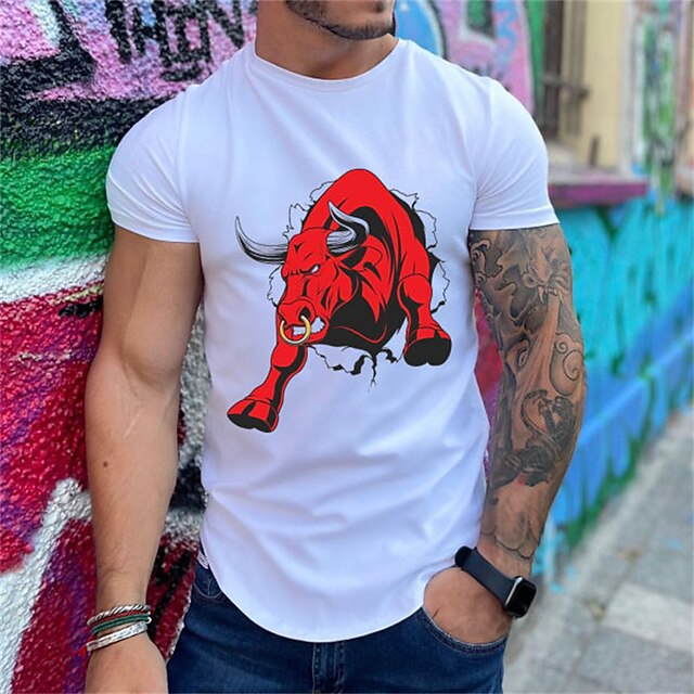 

Men's T shirt Hot Stamping Graphic Cow Crew Neck Casual Daily Print Short Sleeve Tops Lightweight Fashion Big and Tall Sports Red / White