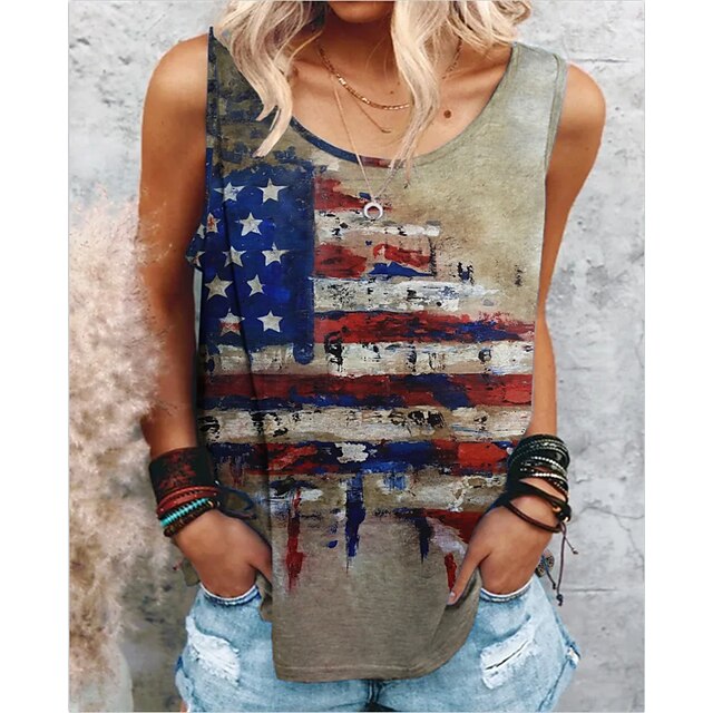 

Women's Independence Day Boho Blouse Camis Flag Patchwork Print Round Neck Casual Beach Tops Khaki / 3D Print