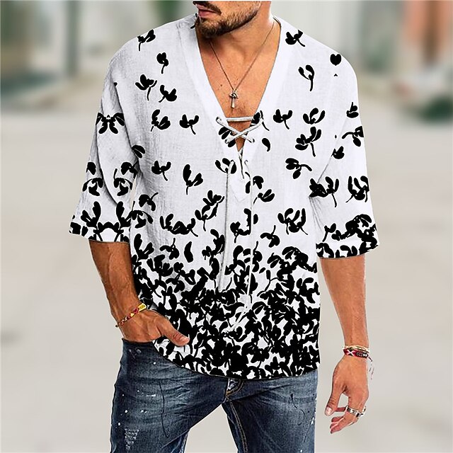 

Men's Shirt 3D Print Leaves V Neck Casual Daily 3D Print Drawstring 3/4 Length Sleeve Tops Casual Fashion Designer Comfortable Black