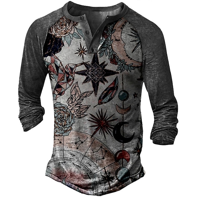 

Men's Henley Shirt Tee T shirt 3D Print Floral Plants Graphic Plus Size Henley Casual Daily Button-Down Print Long Sleeve Tops Casual Retro Designer Military Gray