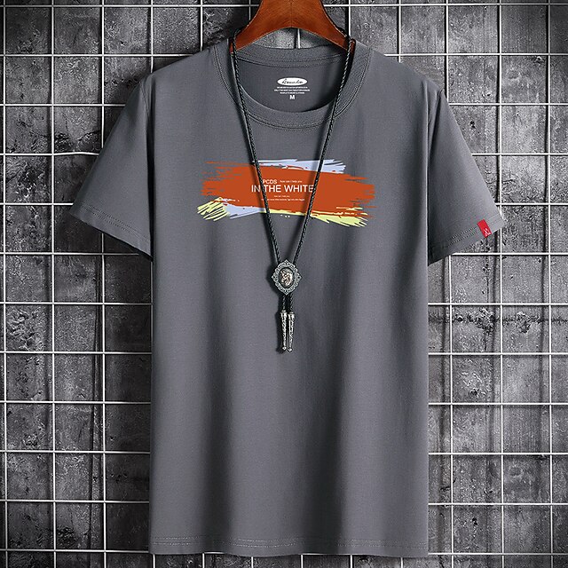 

Men's T shirt Print Letter Round Neck Casual Daily Short Sleeve Tops Lightweight Formal Breathable White Black Dark Gray