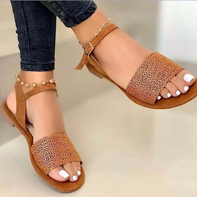 

Women's Sandals Flat Heel Round Toe Synthetics Buckle Summer Black Silver Brown