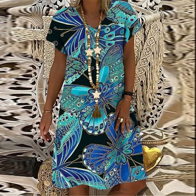 

Women's Shift Dress Short Mini Dress Blue Black Rainbow Short Sleeve Floral Color Gradient Geometric Print Spring Summer V Neck Casual 2022 XS S M L XL XXL 3XL 4XL