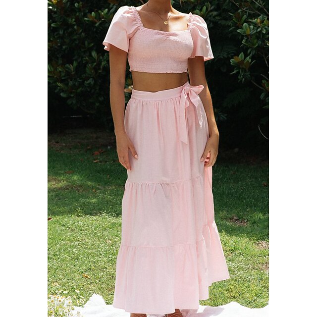 

Women's Basic Plain Casual Vacation Two Piece Set Crop Top Blouse Skirt Sets Skirt Split Lace up Ruffle Tops