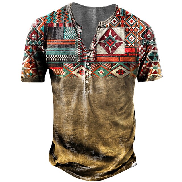 

Men's Unisex Henley Shirt T shirt 3D Print Color Block Tribal Graphic Prints Henley Street Daily Button-Down Print Short Sleeve Tops Basic Casual Fashion Retro Khaki / Summer / Military