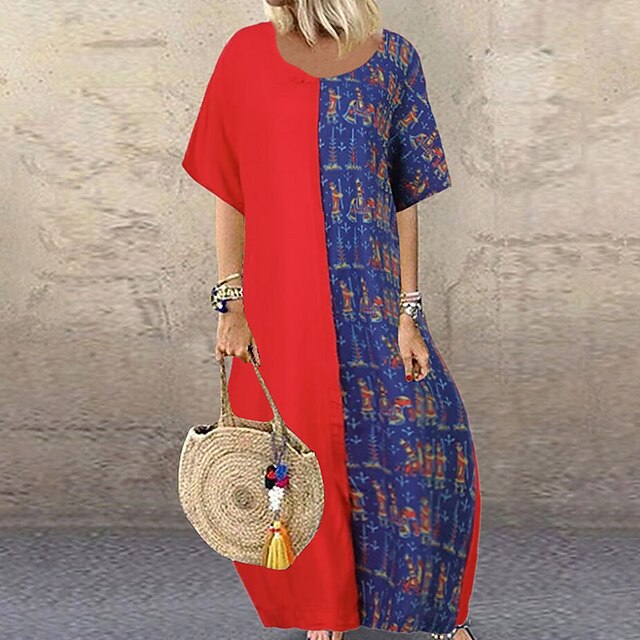 

Women's Shift Dress Maxi long Dress Black Red Short Sleeve Print Color Block Patchwork Print Spring Summer V Neck Casual 2022 M L XL XXL 3XL 4XL 5XL