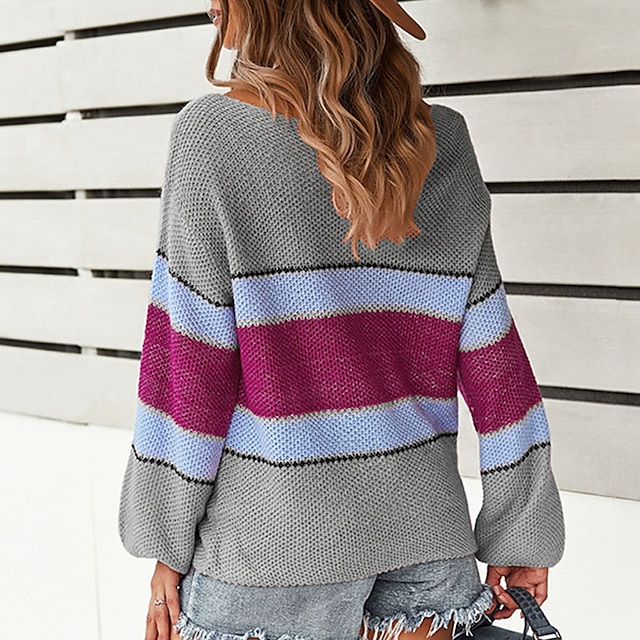 Womens Clothing Sweaters & Cardigans | Womens Pullover Sweater Jumper crochet Knit Stripe Knitted Striped Crew Neck Stylish Casu