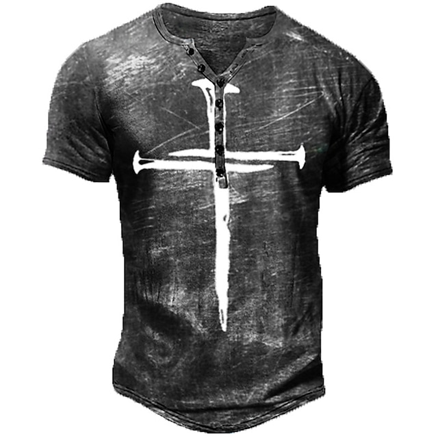 

Men's Henley Shirt Tee T shirt 3D Print Graphic Cross Plus Size Henley Casual Daily Button-Down Print Short Sleeve Tops Casual Retro Designer Military Black