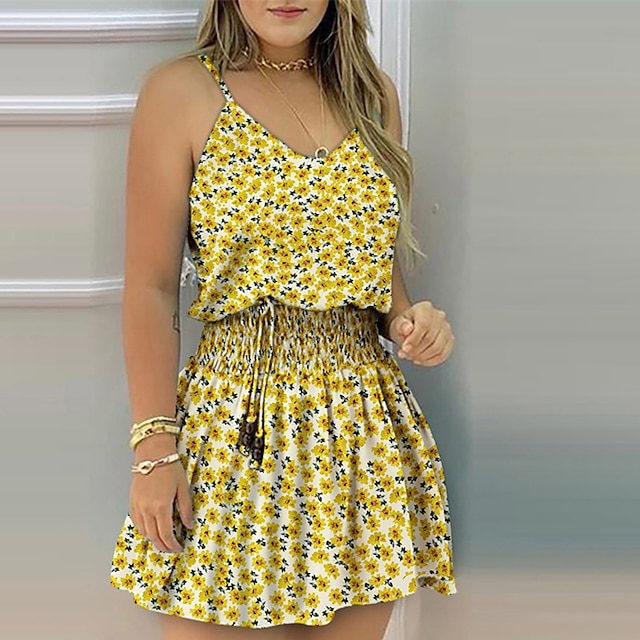 

Women's A Line Dress Short Mini Dress Pink Yellow Sleeveless Floral Ruched Lace up Print Spring Summer V Neck Spaghetti Strap Stylish Casual 2022 S M L XL