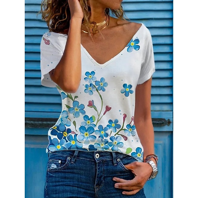 

Women's T shirt Flower Print V Neck Basic Tops White / 3D Print