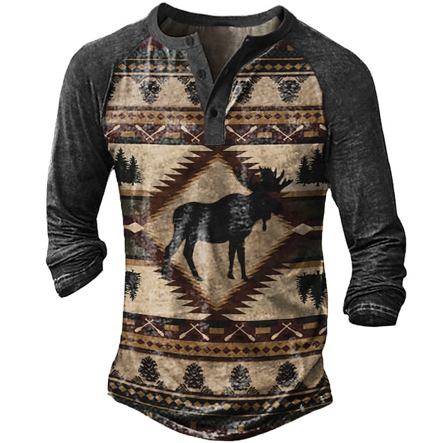 

Men's Henley Shirt Tee T shirt 3D Print Graphic Argyle Animal Plus Size Henley Casual Daily Button-Down Print Long Sleeve Tops Casual Retro Designer Military Khaki