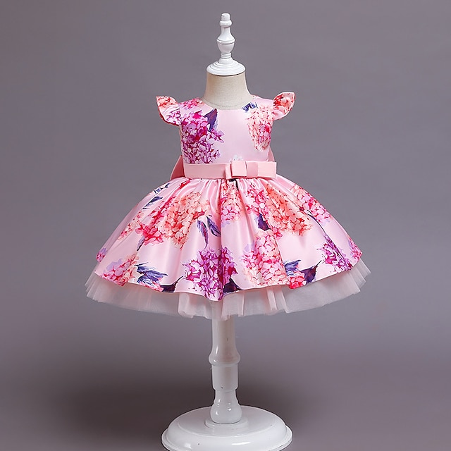 

Kids Little Girls' Dress Flower Tulle Dress Party Performance Bow Print Purple Pink Wine Midi Short Sleeve Princess Sweet Dresses Children's Day Spring Summer Slim 2-8 Years