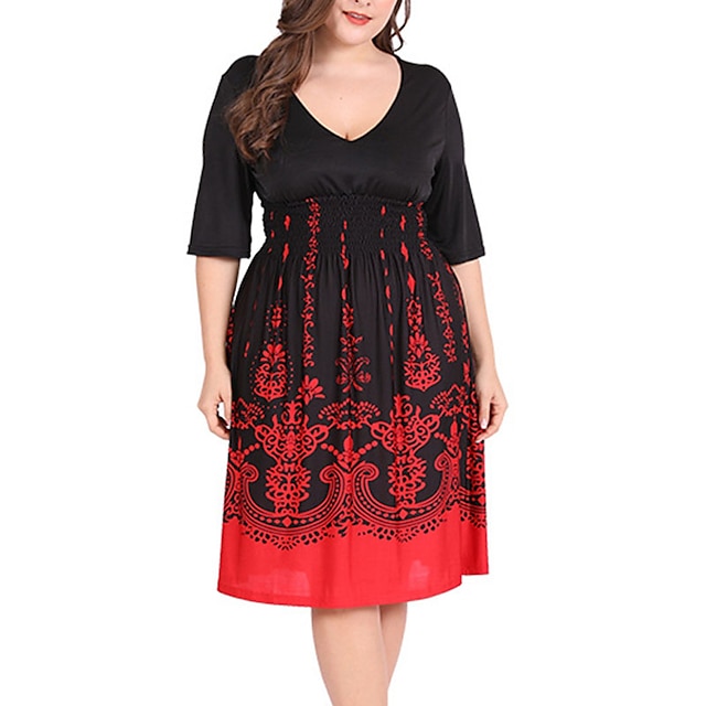 Womens Clothing Plus Size Collection | Womens Plus Size A Line Dress Floral V Neck Ruched Half Sleeve Spring Summer Casual Knee 