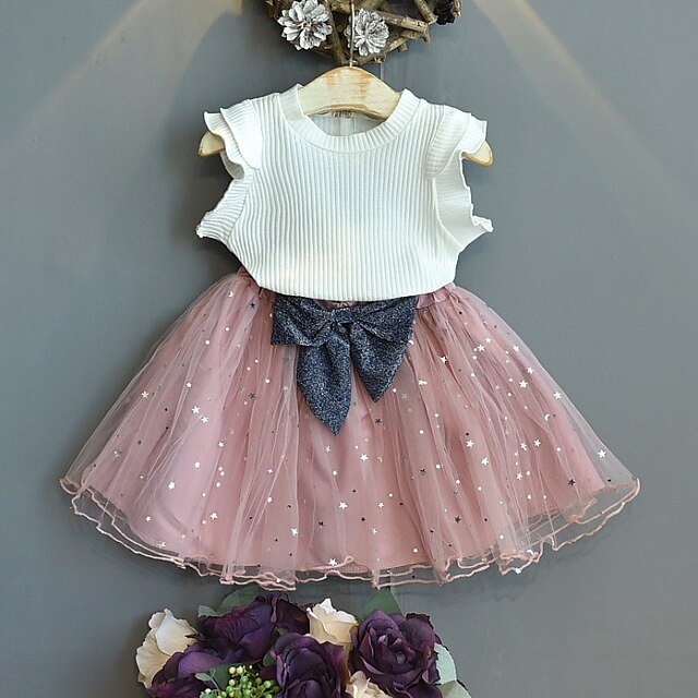

Kids Girls' T-shirt Skirt Clothing Set 2 Pieces Sleeveless Gray Pink Solid Color Sequins Bow Indoor Outdoor Cute Sweet Regular Knee-length 2-6 Years