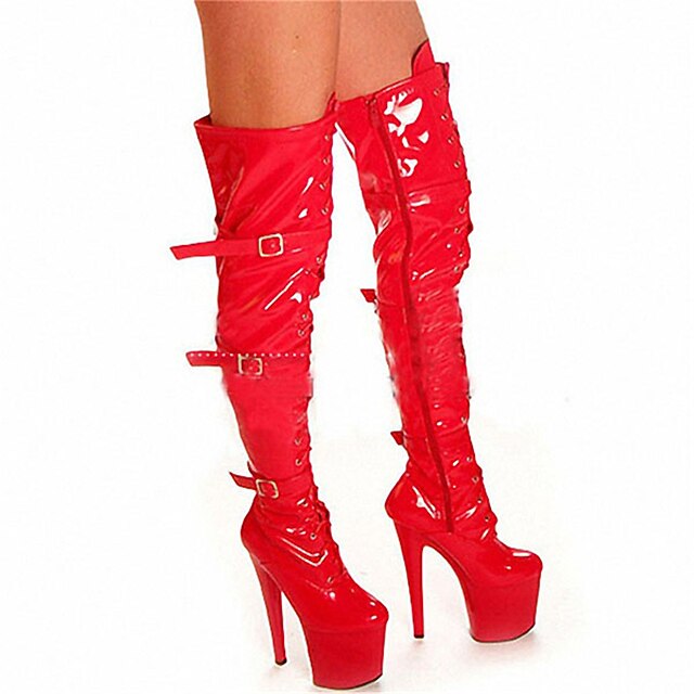 

Women's Boots Over The Knee Boots Pumps Round Toe Closed Toe Daily Beach PU Leather Zipper Solid Colored Black Red