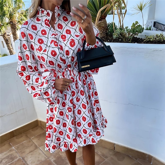 

Women's A Line Dress Short Mini Dress Green Black Fuchsia Red Yellow Long Sleeve Geometric Ruffle Print Spring Summer Stand Collar Stylish Vacation Modern 2022 S M L XL