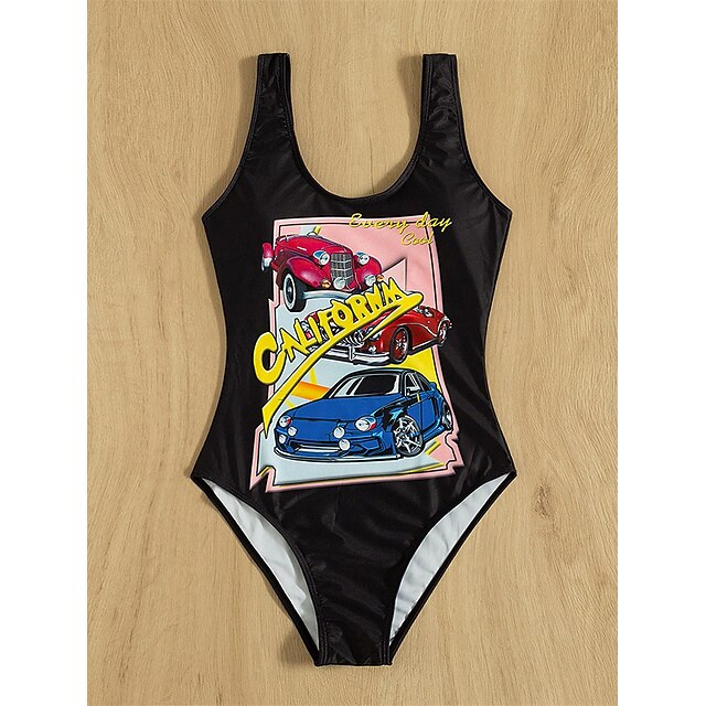

Women's Swimwear One Piece Monokini Bathing Suits Swimsuit Open Back Letter Black Scoop Neck Bathing Suits New Vacation Fashion / Modern