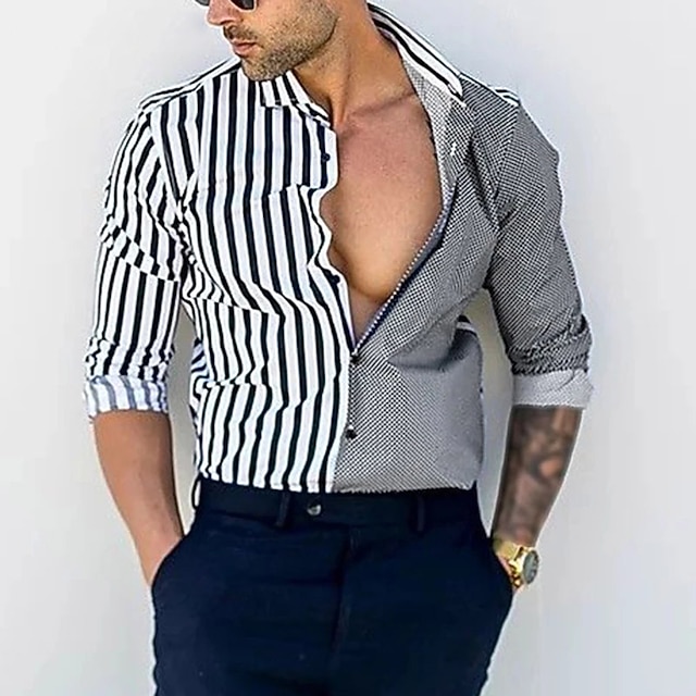 

Men's Shirt Striped Patchwork Turndown Party Casual Button-Down Long Sleeve Tops Casual Vintage Streetwear Gray