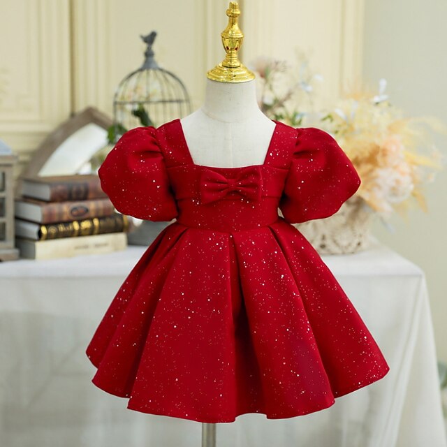 

Kids Little Girls' Dress Solid Colored A Line Dress Party Christening dress Sequins Ruched Puff Sleeve Red Knee-length Short Sleeve Princess Cute Dresses Fall Summer Regular Fit 3-12 Years