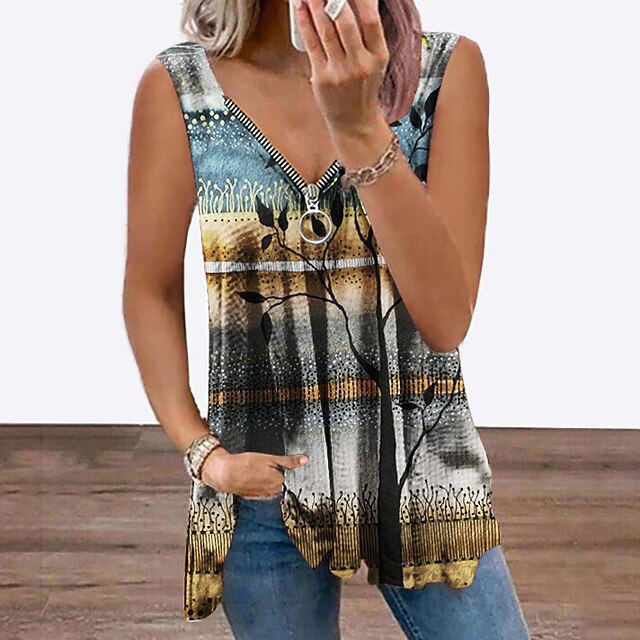 

Women's Floral Theme Tank Top Vest Tree Flowing tunic Quarter Zip Print V Neck Casual Streetwear Tops Blue Red Brown / 3D Print