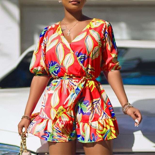 

Women's Romper Lace up Ruffle Floral V Neck Casual Street Daily Regular Fit Half-Sleeve Blue Pink Red S M L Spring