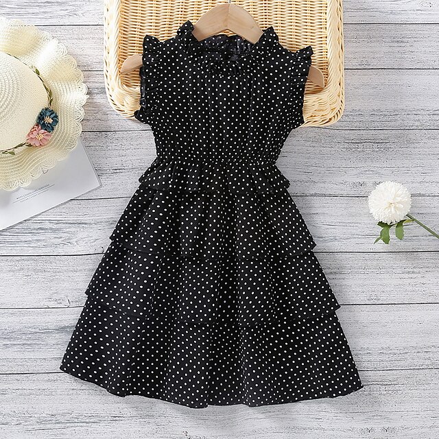 

Kids Little Girls' Dress Polka Dot A Line Dress School Daily Holiday Ruched Ruffle Black Red Midi Sleeveless Princess Cute Sweet Dresses Fall Summer Regular Fit 3-10 Years