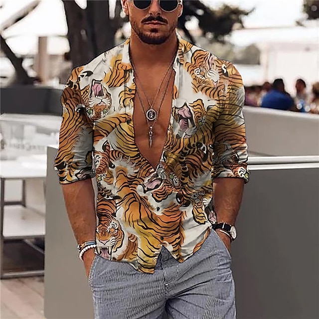 

Men's Shirt 3D Print Tiger Animal Turndown Casual Daily 3D Print Button-Down Long Sleeve Tops Casual Fashion Designer Comfortable Yellow