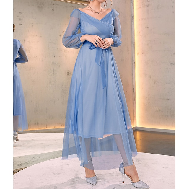 

Women's A Line Dress Maxi long Dress Blue Long Sleeve Pure Color Chiffon Spring Summer V Neck Elegant Luxurious Elegant Vacation Puff Sleeve Mesh S M L XL / Party Dress