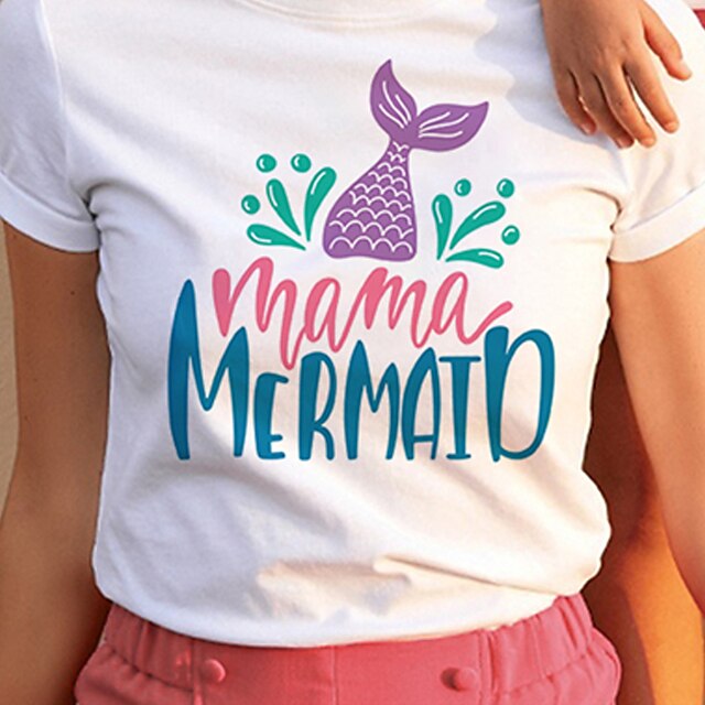 Baby & Kids Matching Outfits | Mommy and Me T shirt Tops Mermaid Letter Street Print White Short Sleeve Active Matching Outfits 