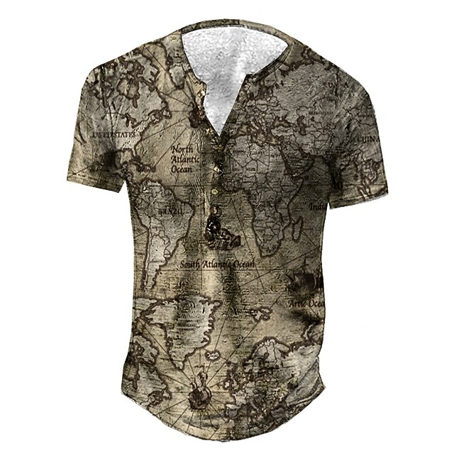 

Men's Unisex Henley Shirt T shirt 3D Print Map Graphic Prints Henley Street Daily Button-Down Print Short Sleeve Tops Basic Casual Fashion Retro Khaki