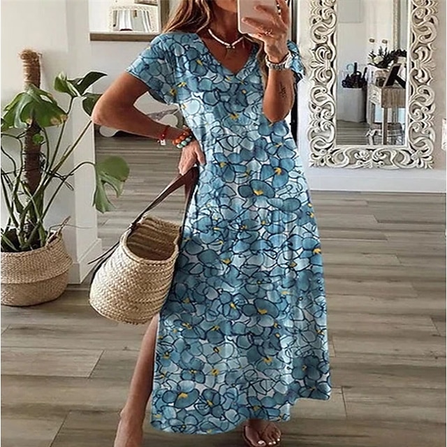 

Women's Shift Dress Maxi long Dress Blue Short Sleeve Floral Split Print Spring Summer V Neck Elegant Vacation 2022 S M L XL XXL