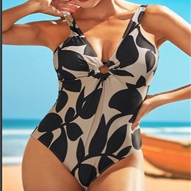 

Women's Swimwear One Piece Monokini Bathing Suits Swimsuit Tummy Control Open Back Beige V Wire Bathing Suits New Vacation Fashion / Modern / Padded Bras