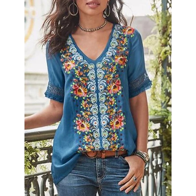 

Women's T shirt Floral V Neck Basic Ethnic Boho Tops Blue Gray Purple / 3D Print